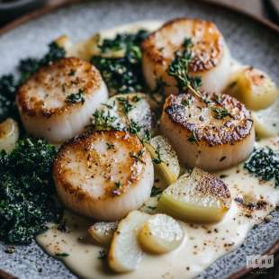 Saint-Jacques Snackées, Crème au Thym, Céleri Rôti, Chou Kale et Salicorne