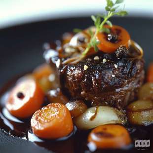 Paleron Confit, Carottes des Sables et Oignons Doux