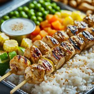 Brochette de Poulet Saté et Riz Gluant