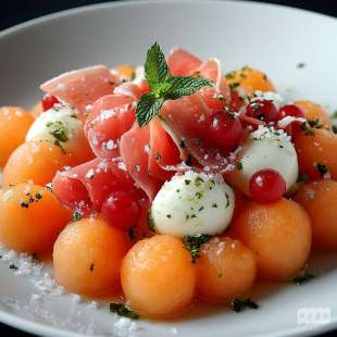 Salade fraîche de melon et pastèque au Porto, jambon Serrano, menthe et mozzarella