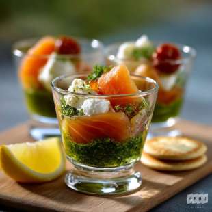 Minis bouchées saumon-pesto sur blinis