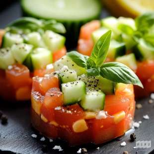 Tartare de Tomates et Concombre au Chèvre frais Tuile de Parmesan
