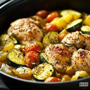 Poêlée de Poulet aux Courgettes Jaunes, Tomates et Riz Blanc