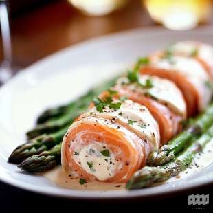 Roulade de Saumon Fumé aux Asperges, Sauce aux Crevettes et au Chèvre frais