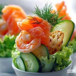 Salade aux Crevettes, Saumon Fumé et Comcombre