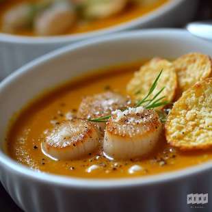Soupe de Potimarron, Saint-Jacques Rôties et Chips de Parmesan