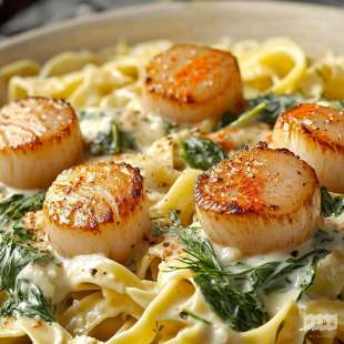 Tagliatelles aux Noix de Saint-Jacques et Épinards