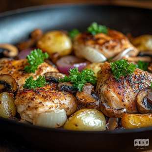 Poêlée de Poulet, Champignons et Oignons Accompagnée de Pomme de Terre
