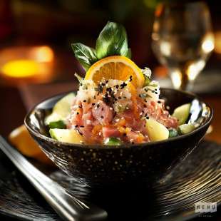 Tartare de Boeuf aux Agrumes , Algues et Chips de Crevette
