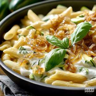 Penne à la Crème de Courgettes et aux Oignons Caramélisés