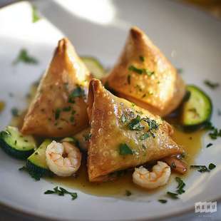 Samossa Chèvre Miel avec ses Crevettes et Courgette à l'Ail