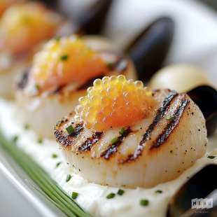 Recette Plat : Noix de Saint-Jacques Grillées, Crème de Pamplemousse et Caviar de Citron