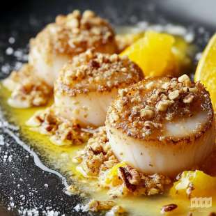 Noix de Saint-Jacques Snackées, Crumble de Noix et Agrumes  
