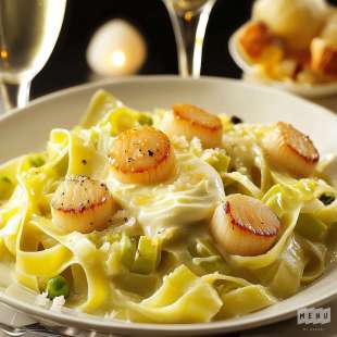 Tagliatelles à la Fondue de Poireaux, aux Noix de Pétoncles et au Champagne