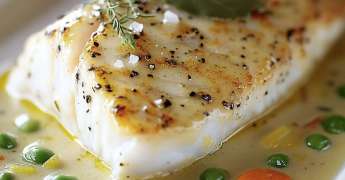 Filet de Colin, Jardinière Printanière, Sauce Moutarde à l'Estragon