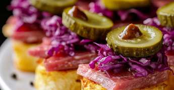 Mini Navette au Pastrami, Chou Rouge et Cornichons