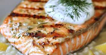Pavé de saumon Grillé, Risotto au Citron et Sauce au Yaourt et à l'Aneth