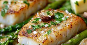 Cabillaud Poêlé aux Asperges, Coques et Émulsion d'Amandes Salées