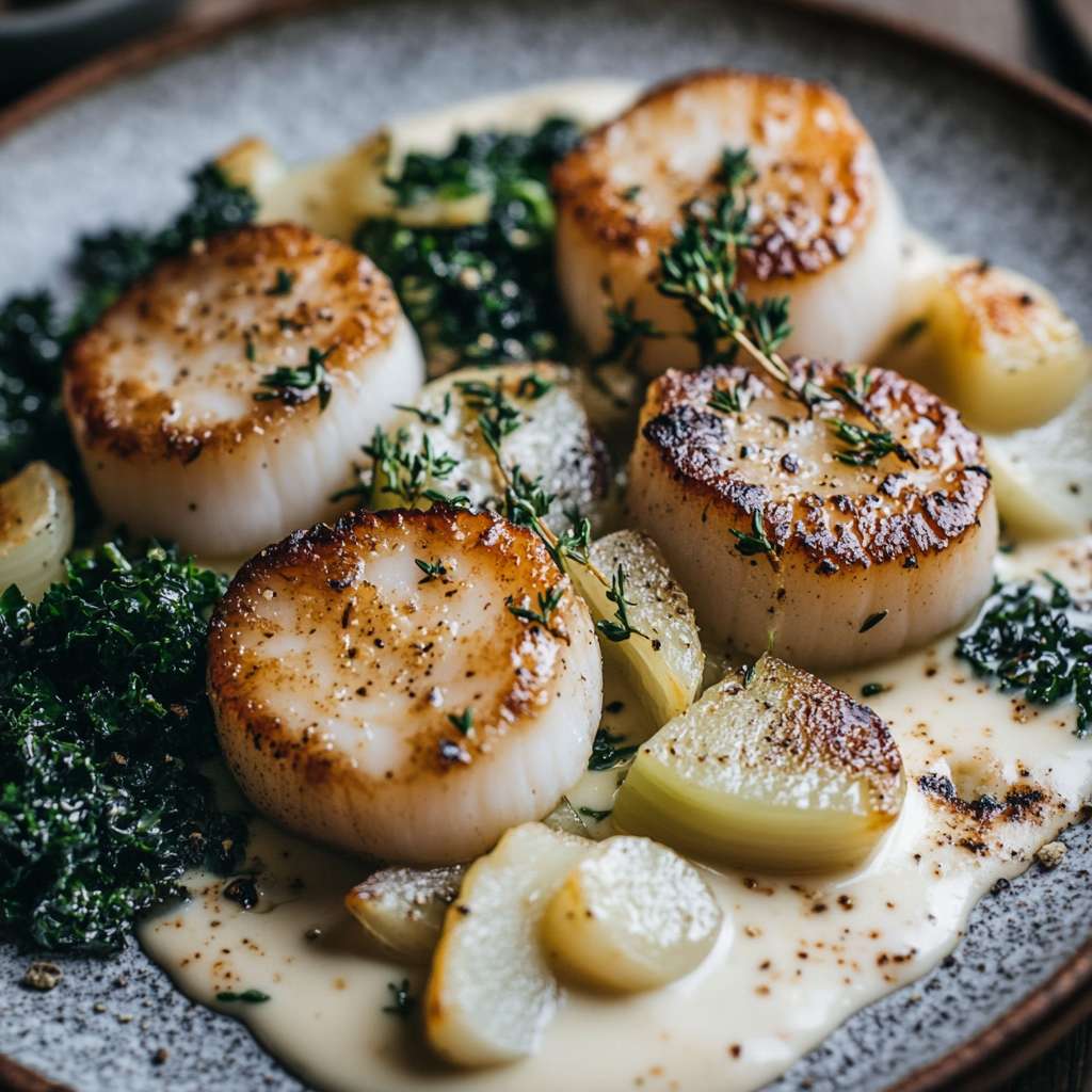 Saint-Jacques snackées, crème au thym, céleri rôti, chou kale et salicorne