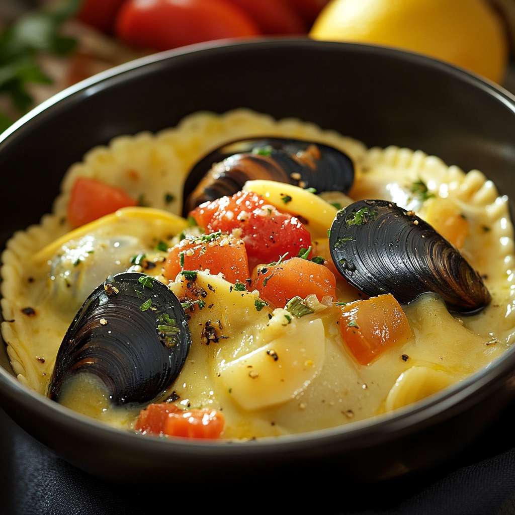 Ravioles de Petits Gris Moules Poireaux et Aîgo Boulido