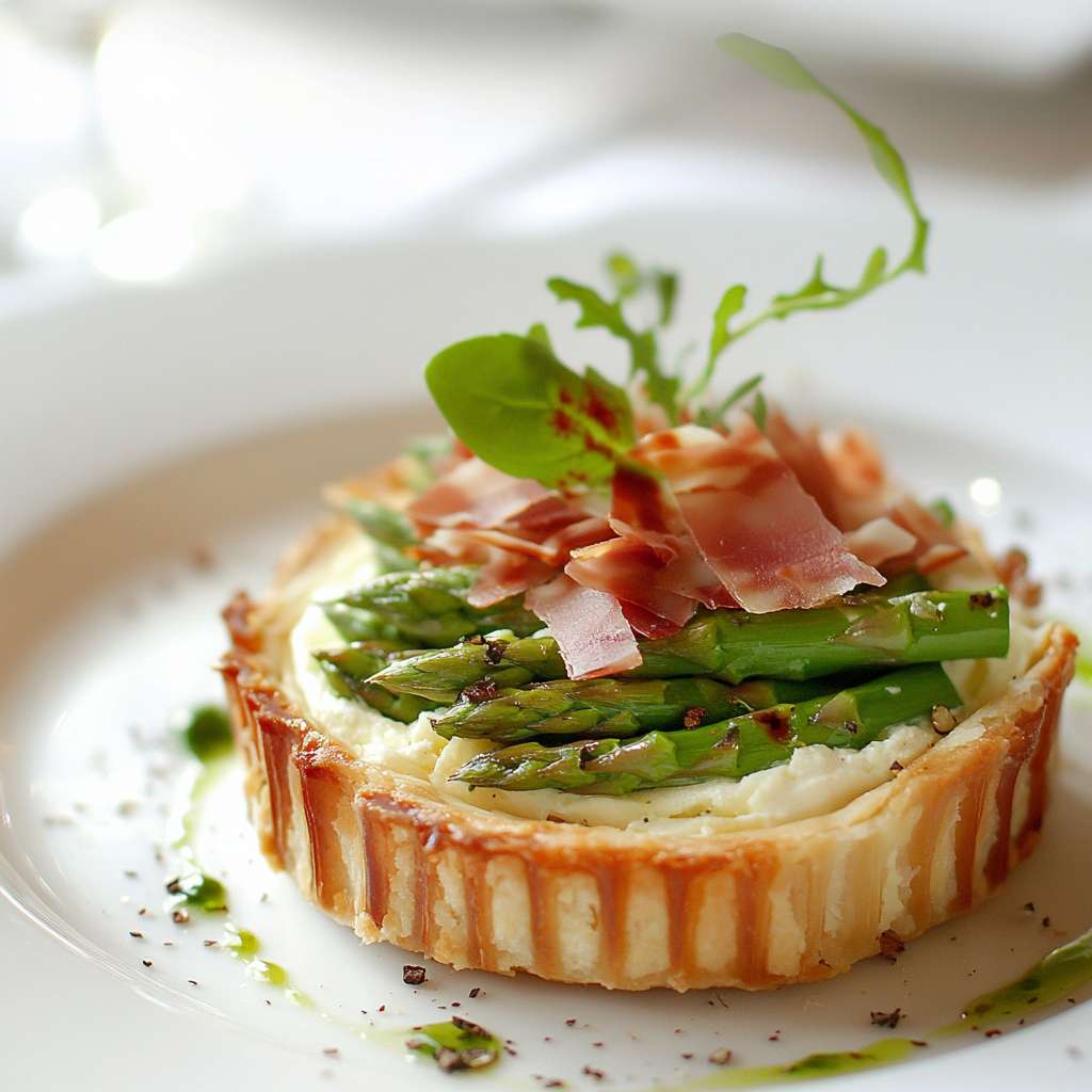 Tarte Fine à la Brousse de Brebis, Copeaux d'Asperges Vertes et Speck